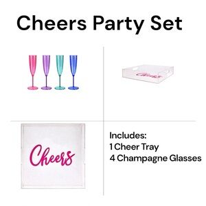 Ashland 12” Cheers Glitter tray and 4 Count 5oz Champagne Glasses set. New. Pink